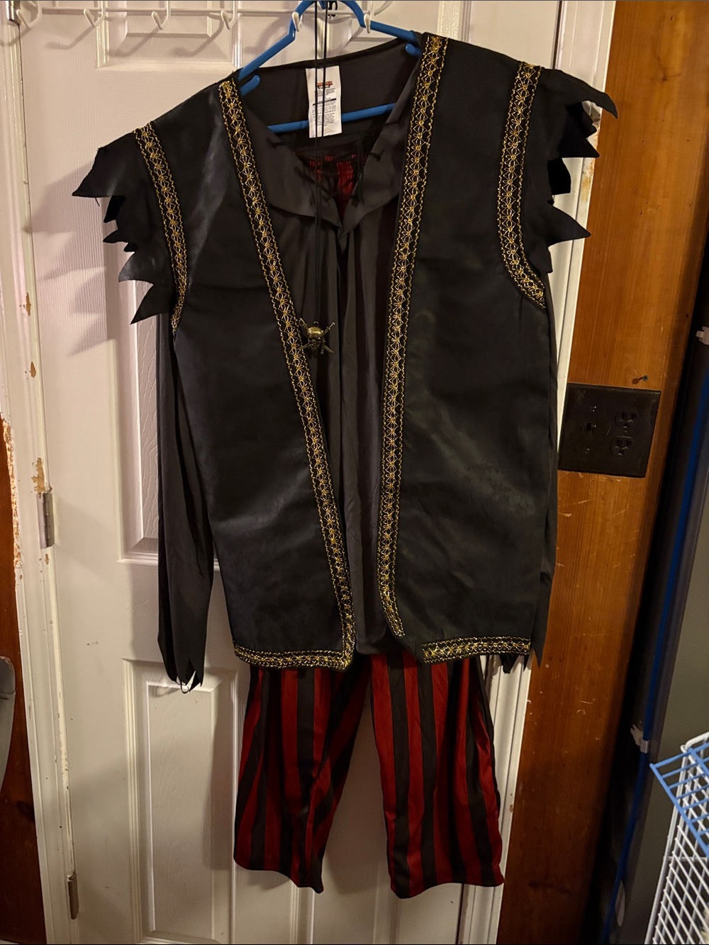 Adult SZ XL Black and Red Pirate Costume Vest and Striped Pants Necklace Belt